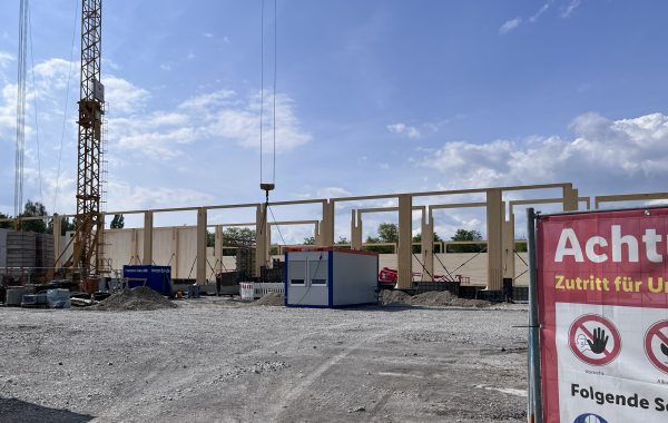 construction view showing erected timber walls.