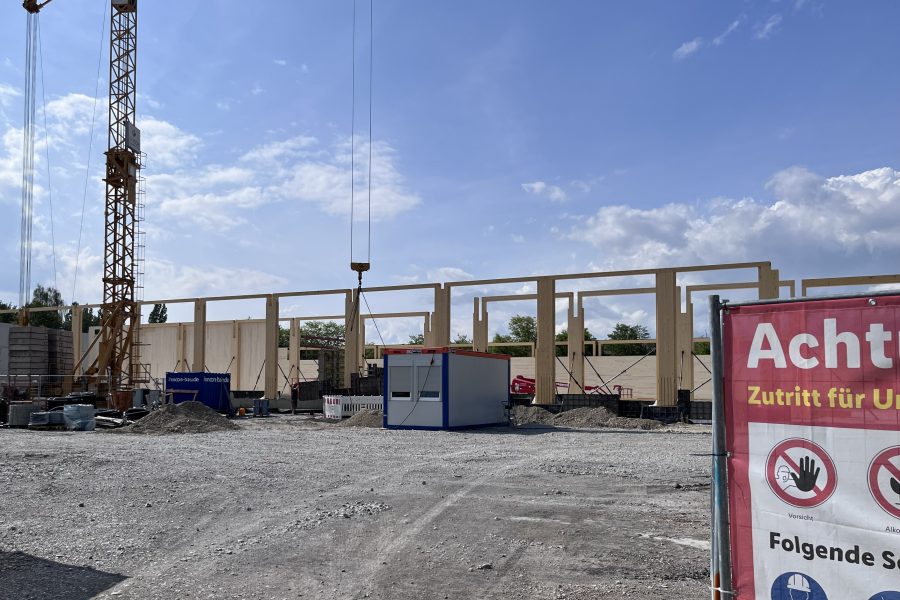 construction view showing erected timber walls.