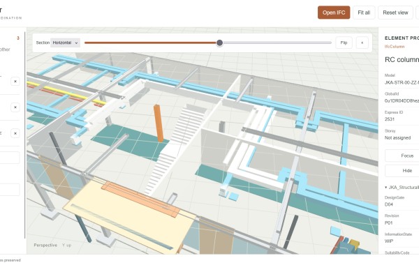 JKA IFC Viewer displaying architecture, structural, and services models, with section controls and properties for a selected column.