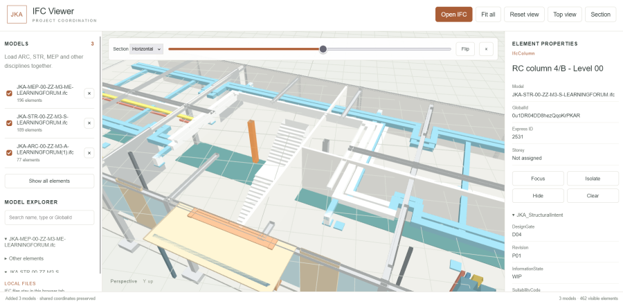 JKA IFC Viewer displaying architecture, structural, and services models, with section controls and properties for a selected column.